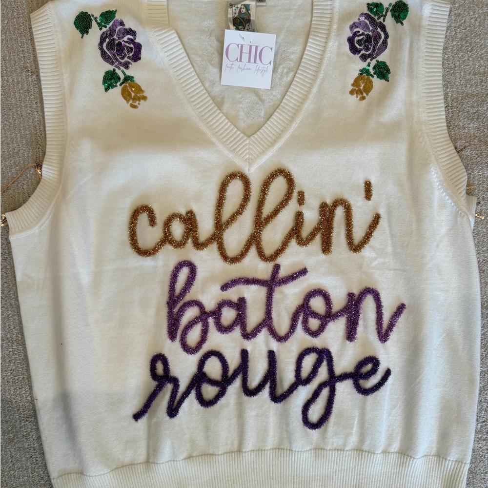 QUEEN OF SPARKLES Calling Baton Rouge Cream Sweater